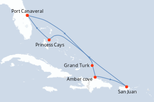 Carte itinéraire croisière Caribe Oriental con Santo Tomás - 9 jours au départ de Port Canaveral - Caraïbes Bahamas