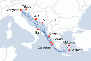 Carte itinéraire croisière Italie, Grèce, Croatie - 14 jours au départ de Marghera - Méditerranée