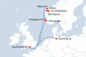 Carte itinéraire croisière Royaume-Uni, Norvège, Allemagne - 9 jours au départ de Southampton - Europe du Nord