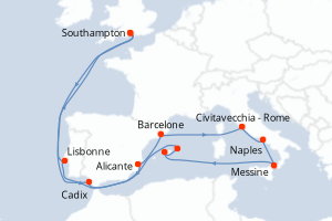 Carte itinéraire croisière Royaume-Uni, Portugal, Espagne, Italie - 18 jours au départ de Southampton - Europe du Nord