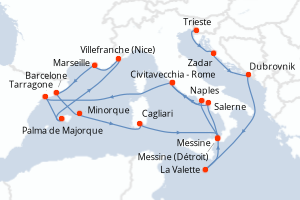 Carte itinéraire croisière Croatie, Malte, France, Espagne, Italie - 21 jours au départ de Trieste - Méditerranée