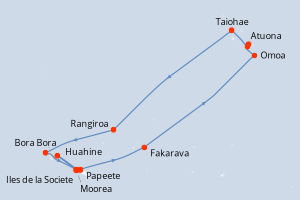 Carte itinéraire croisière Marquises, Tuamotu et îles de la Société - 14 jours au départ de Papeete - Tahiti