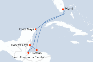 Carte itinéraire croisière États-Unis, Honduras, Belize, Guatemala, Mexique - 7 jours au départ de Miami - Caraïbes Bahamas