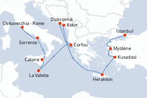 Carte itinéraire croisière Turquie, Croatie, Monténégro, Grèce, Malte, Italie - 12 jours au départ de Istanbul - Méditerranée