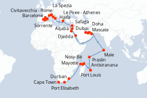 Carte itinéraire croisière Afrique du Sud, Madagascar, Maurice, Seychelles, Maldives, Oman, Emirats Arabes Unis, Qatar, Arabie Saoudite, Jordanie, Egypte, Israël, Grèce, Italie, France, Espagne - 61 jours au départ de Cape Town - Méditerranée