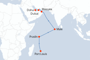 Carte itinéraire croisière Maurice, Seychelles, Maldives, Oman, Emirats Arabes Unis, Qatar - 15 jours au départ de Port Louis - Mer Rouge Océan Indien