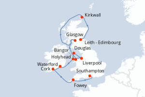 Carte itinéraire croisière Royaume-Uni, Irlande - 12 jours au départ de Southampton - Europe du Nord
