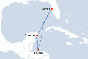 Carte itinéraire croisière États-Unis, Mexique, Honduras - 5 jours au départ de Tampa - Caraïbes Mexique