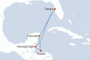 Carte itinéraire croisière États-Unis, Mexique, Honduras, Belize - 7 jours au départ de Tampa - Caraïbes Mexique