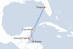 Carte itinéraire croisière États-Unis, Belize, Honduras, Mexique - 7 jours au départ de Tampa - Caraïbes Mexique