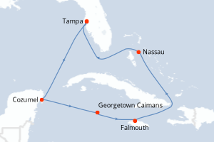 Carte itinéraire croisière États-Unis, Mexique, Caïmans (Îles), Jamaïque, Bahamas - 8 jours au départ de Tampa - Caraïbes Mexique