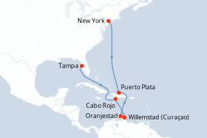 Carte itinéraire croisière République Dominicaine, Aruba, États-Unis - 10 jours au départ de Tampa - Amérique du Nord