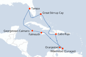 Carte itinéraire croisière États-Unis, Bahamas, République Dominicaine, Aruba, Jamaïque, Caïmans (Îles) - 11 jours au départ de Tampa - Caraïbes Mexique