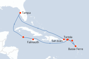 Carte itinéraire croisière Porto Rico, Royaume-Uni, France, Pays-Bas, États-Unis, Jamaïque, Caïmans (Îles) - 12 jours au départ de Tampa - Caraïbes Mexique