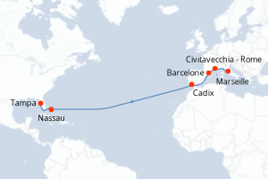 Carte itinéraire croisière Italie, France, Espagne, Bahamas, États-Unis - 15 jours au départ de Civitavecchia - Rome - Transatlantique