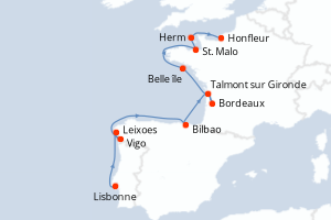 Carte itinéraire croisière Péninsule ibérique et cités fortifiées d Atlantique - 11 jours au départ de Lisbonne - Atlantique