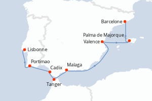 Carte itinéraire croisière Secrets de la péninsule ibérique - 10 jours au départ de Lisbonne - Méditerranée