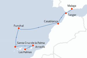 Carte itinéraire croisière Odyssée atlantique de la péninsule ibérique aux Canaries - 8 jours au départ de Malaga - Iles Canaries