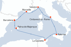 Carte itinéraire croisière Espagne, Baléares, Italie, France - 8 jours au départ de Barcelone - Méditerranée