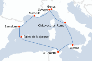 Carte itinéraire croisière Italie, France, Espagne, Baléares - 8 jours au départ de Genes - Méditerranée