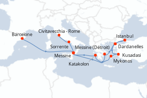 Carte itinéraire croisière Espagne, Italie, Grèce, Turquie - 14 jours au départ de Barcelone - Méditerranée