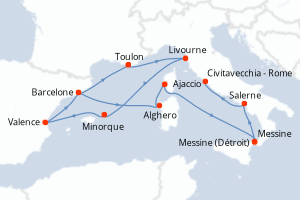 Carte itinéraire croisière Espagne, Italie, France - 14 jours au départ de Barcelone - Méditerranée