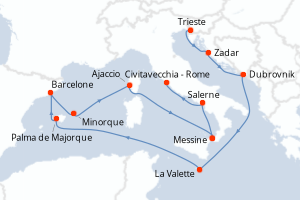 Carte itinéraire croisière Croatie, Malte, Espagne, France, Italie - 14 jours au départ de Trieste - Méditerranée
