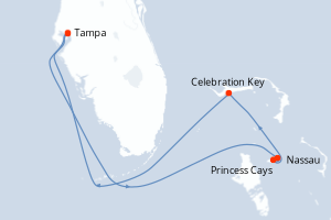 Carte itinéraire croisière États-Unis, Bahamas - 6 jours au départ de Tampa - Caraïbes Mexique
