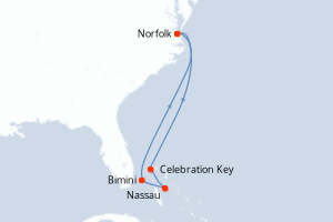 Carte itinéraire croisière États-Unis, Bahamas - 6 jours au départ de Norfolk - Caraïbes Mexique