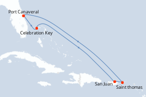 Carte itinéraire croisière États-Unis, Bahamas, Porto Rico - 7 jours au départ de Port Canaveral - Caraïbes Bahamas