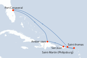 Carte itinéraire croisière États-Unis, République Dominicaine, Porto Rico, Pays-Bas - 8 jours au départ de Port Canaveral - Caraïbes Bahamas