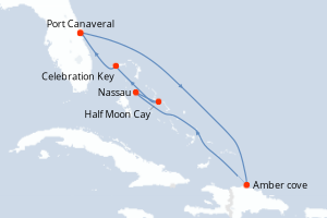 Carte itinéraire croisière États-Unis, République Dominicaine, Bahamas - 7 jours au départ de Port Canaveral - Caraïbes Bahamas