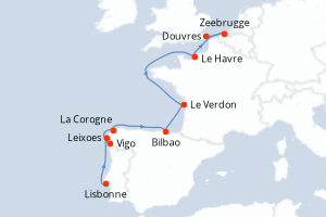Carte itinéraire croisière Portugal, Espagne, France, Belgique, Royaume-Uni - 9 jours au départ de Lisbonne - Europe du Nord