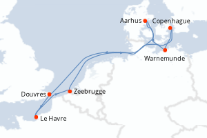 Carte itinéraire croisière Royaume-Uni, France, Belgique, Danemark, Allemagne - 8 jours au départ de Douvres - Europe du Nord