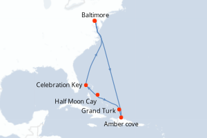Carte itinéraire croisière République Dominicaine, États-Unis, Bahamas - 9 jours au départ de Baltimore - Amérique du Nord