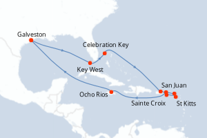 Carte itinéraire croisière États-Unis, Bahamas, Porto Rico, Antigua-et-Barbuda, Pays-Bas, Jamaïque - 14 jours au départ de Galveston - Caraïbes Mexique