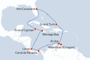 Carte itinéraire croisière États-Unis, Pays-Bas, Panama, Costa Rica, Jamaïque, Caïmans (Îles) - 14 jours au départ de Port Canaveral - Caraïbes Bahamas