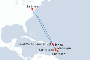 Carte itinéraire croisière États-Unis, Pays-Bas, France, Barbade, Sainte-Lucie, Antigua-et-Barbuda - 12 jours au départ de Baltimore - Amérique du Nord