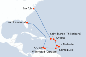 Carte itinéraire croisière États-Unis, Pays-Bas, Grenade, Barbade, Sainte-Lucie, Antigua-et-Barbuda - 15 jours au départ de Port Canaveral - Caraïbes Mexique