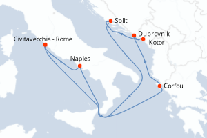 Carte itinéraire croisière Italie, Grèce, Monténégro, Croatie - 8 jours au départ de Civitavecchia - Rome - Méditerranée