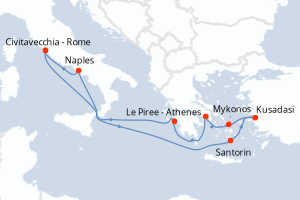 Carte itinéraire croisière Italie, Turquie, Grèce - 10 jours au départ de Civitavecchia - Rome - Méditerranée