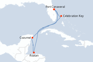 Carte itinéraire croisière États-Unis, Bahamas, Mexique, Honduras - 7 jours au départ de Port Canaveral - Caraïbes Bahamas