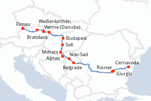 Carte itinéraire croisière Allemagne, Autriche, Hongrie, Serbie, Roumanie, France, Slovaquie - 14 jours au départ de Passau - Danube