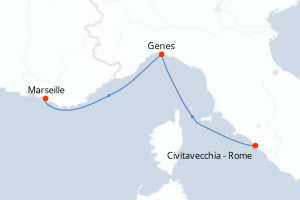Carte itinéraire croisière Italie, France - 2 jours au départ de Civitavecchia - Rome - Méditerranée