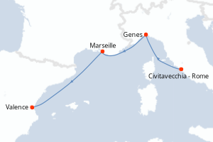Carte itinéraire croisière Italie, France, Espagne - 3 jours au départ de Civitavecchia - Rome - Méditerranée