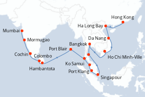 Carte itinéraire croisière Chine, Vietnam, Thaïlande, Singapour, Malaisie, Sri Lanka, Inde - 29 jours au départ de Hong Kong - Mer Rouge Océan Indien