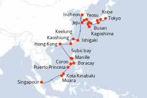 Carte itinéraire croisière Singapour, Brunei, Malaisie, Philippines, Chine, Taïwan, Corée du Sud, Japon - 33 jours au départ de Singapour - Asie