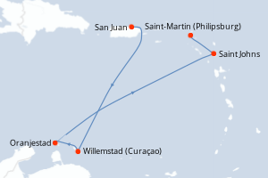 Carte itinéraire croisière Porto Rico, Aruba, Antigua-et-Barbuda, Pays-Bas - 7 jours au départ de San Juan - Caraïbes Bahamas