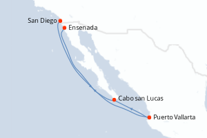 Carte itinéraire croisière États-Unis, Mexique - 7 jours au départ de San Diego - Riviera Mexicaine