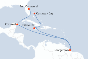 Carte itinéraire croisière États-Unis, Mexique, Guyane, Jamaïque, Bahamas - 7 jours au départ de Port Canaveral - Caraïbes Bahamas